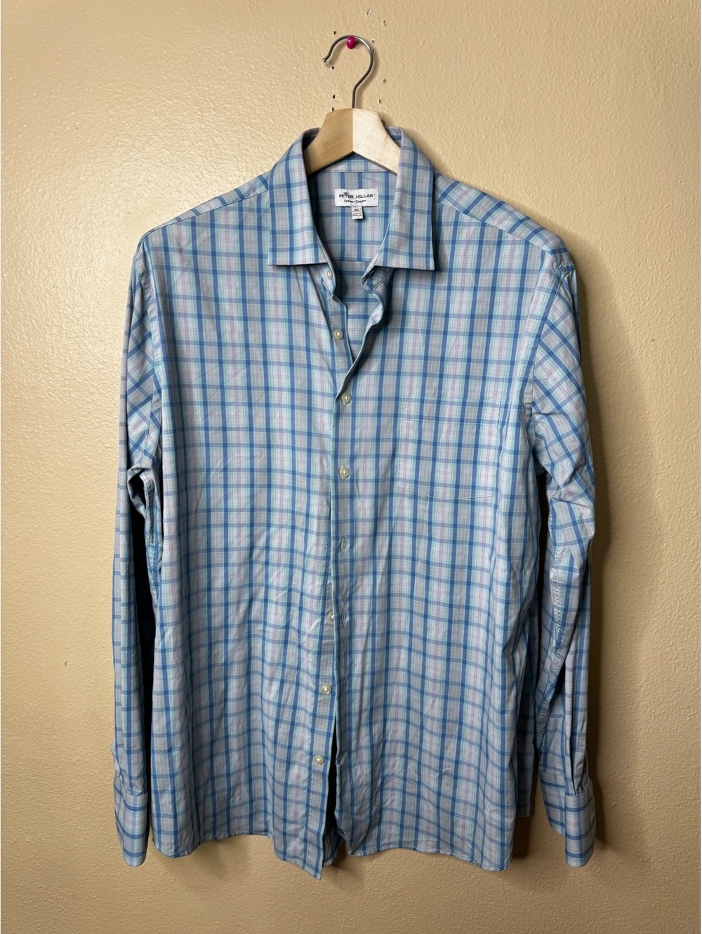 Peter Millar Mens XL Summer Comfort Shirt Blue Plaid Stretch Long Sleeve